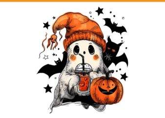 Ghost Drinking Coffee Ice Halloween Pumpkin PNG, Cute Ghost Pumpkin PNG