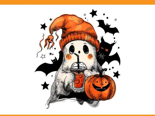 Ghost drinking coffee ice halloween pumpkin png, cute ghost pumpkin png t shirt design template