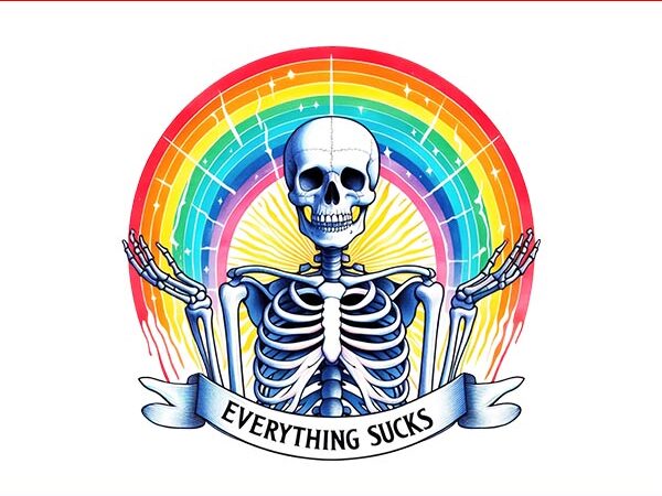 Vintage skeleton rainbow everything sucks png, skeleton rainbow png t shirt vector art