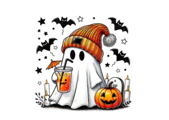 Cute Ghost Drinking Coffee PNG, Halloween Ghost Ice Coffee PNG t shirt vector file