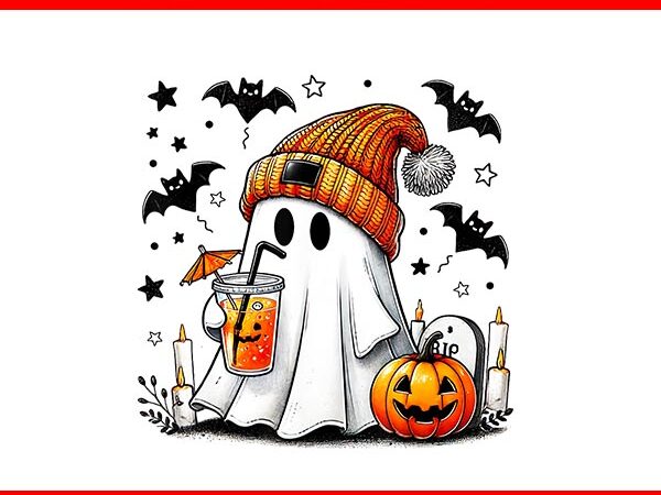 Cute ghost drinking coffee png, halloween ghost ice coffee png t shirt vector file