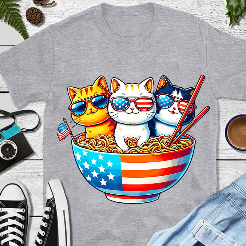 Cats Ramen Anime American Flag PNG, Cats Ramen Anime 4th Of July PNG