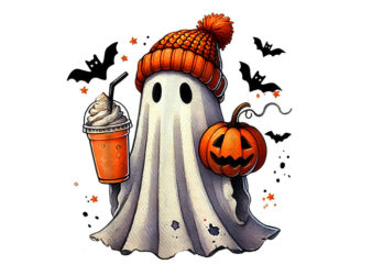 Cute Ghost Drinking Pumpkin Spice Coffee Halloween PNG, Cute Ghost PNG