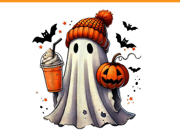 Cute ghost drinking pumpkin spice coffee halloween png, cute ghost png t shirt vector file