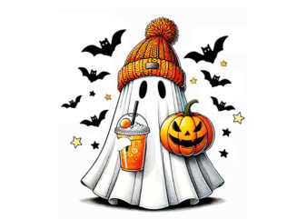 Ice Coffee Ghost PNG, Cute Ghost Drinking Coffee Halloween PNG