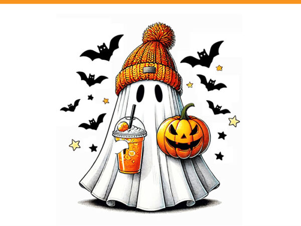 Ice coffee ghost png, cute ghost drinking coffee halloween png t shirt design for sale