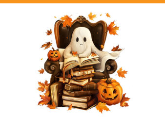 Ghost Book Reading Pumpkin Gothic Halloween Teachers PNG