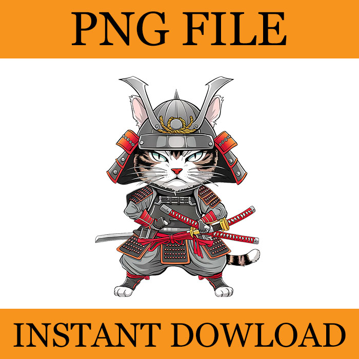 Vintage Japanese Kawaii Cat Samurai PNG