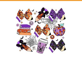 Coquette bows pencil books coffee teacher halloween spooky png, coquette bow trick or teach spooky teacher ghost halloween png t shirt vector file