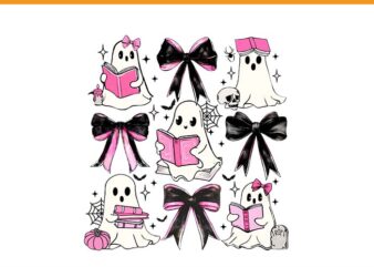 Coquette bows pencil books coffee teacher halloween spooky png, coquette bow trick or teach spooky teacher ghost halloween png