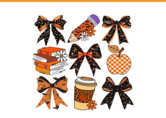 Coquette bows pencil books coffee teacher halloween spooky png, coquette bow trick or teach spooky teacher ghost halloween png t shirt vector file