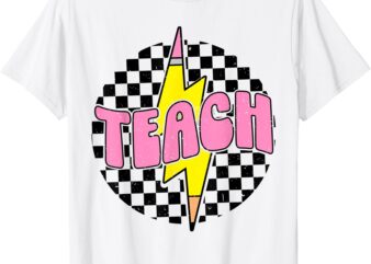 Women Checkered Teach Pencil Lightning Bolt Back to School T-Shirt