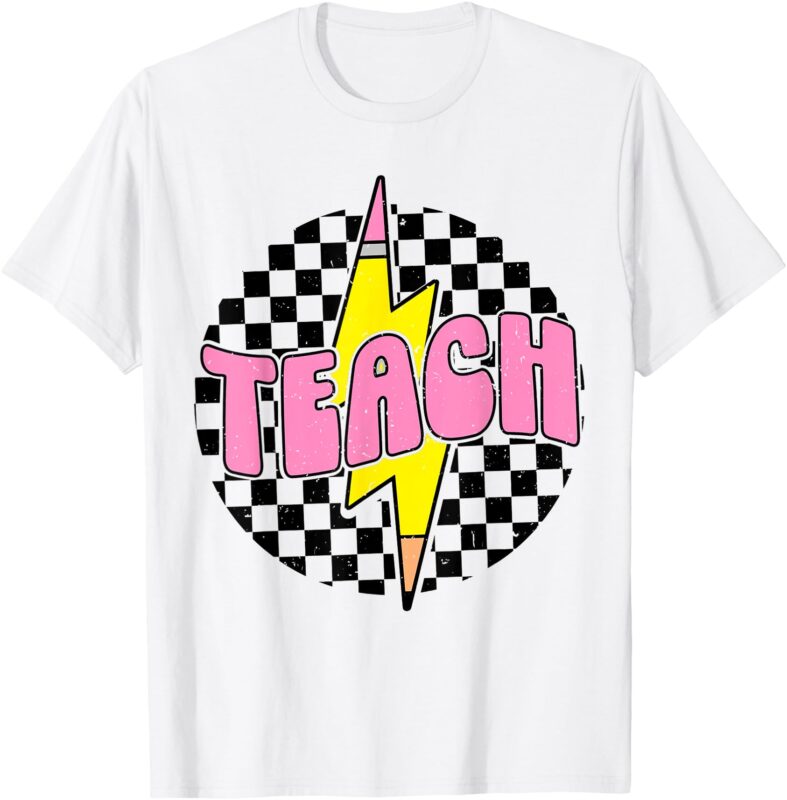 Women Checkered Teach Pencil Lightning Bolt Back to School T-Shirt