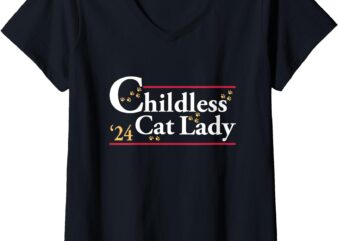 Womens 2024 Childless Cat Lady For President V-Neck T-Shirt (2)