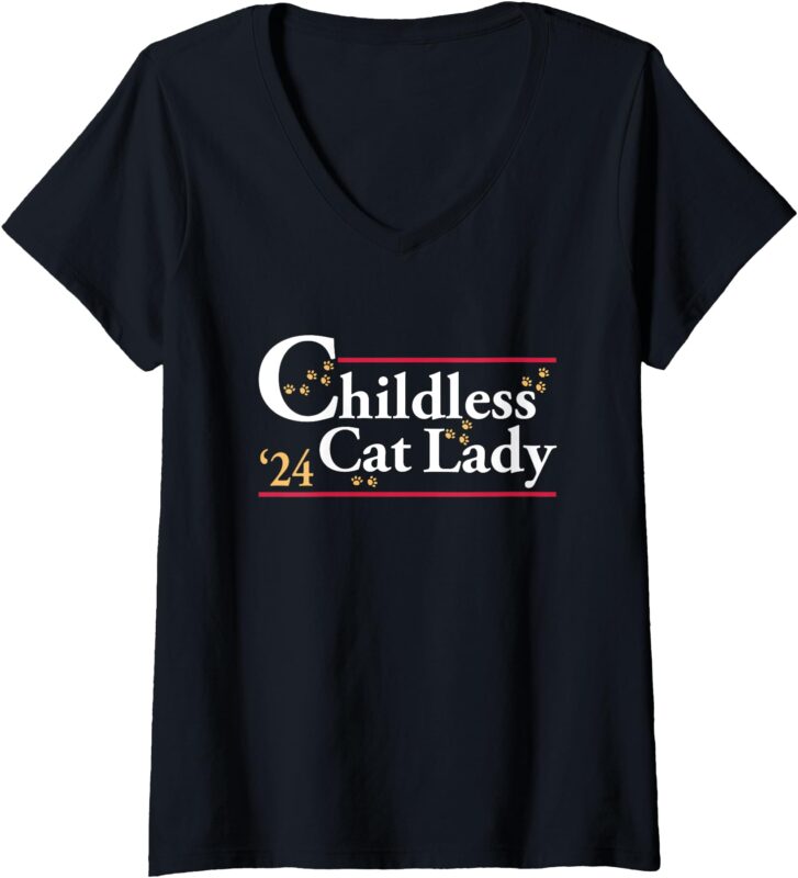 Womens 2024 Childless Cat Lady For President V-Neck T-Shirt (2)