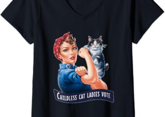 Womens CHILDLESS CAT LADIES VOTE ROSIE THE RIVETER V-Neck T-Shirt