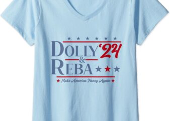 Womens Dolly And Reba 2024 Make America Fancy Again Retro Vintage V-Neck T-Shirt