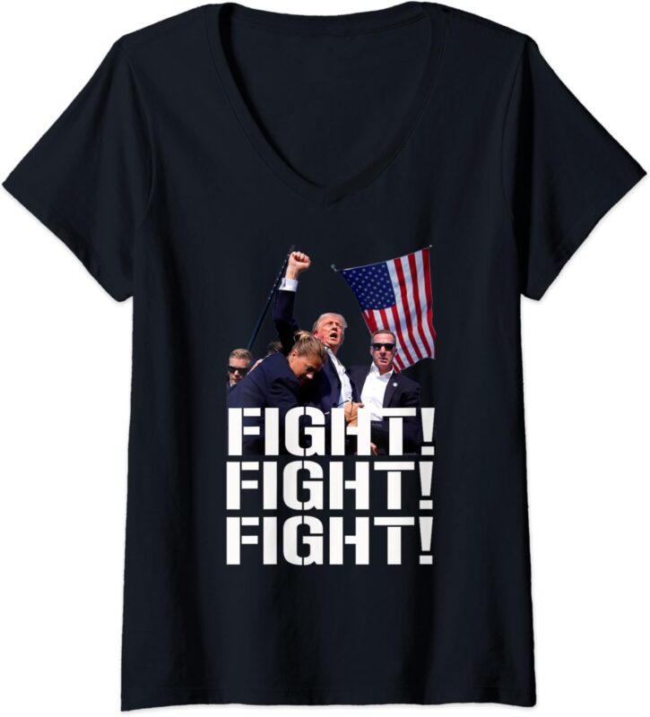 Womens Trump Fight Fight Fight, Trump Defiant, Trump Shot Fist Pump V-Neck T-Shirt