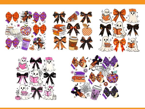 Coquette bows pencil books coffee teacher halloween spooky png, coquette bow trick or teach spooky teacher ghost halloween png t shirt vector file