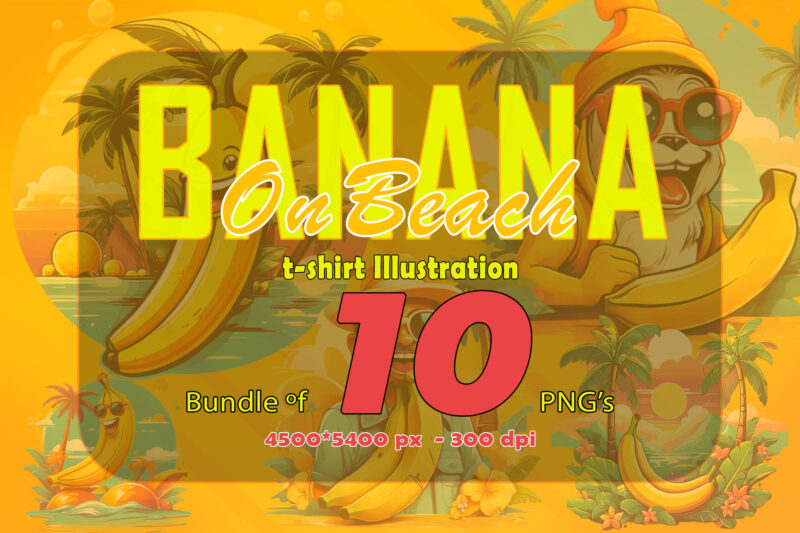 Banana on Beach t-shirt design bundle with 10 png designs – download instantly Summer T-shirt Design