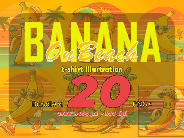 Banana on beach t-shirt design bundle with 20 png designs – download instantly summer t-shirt design