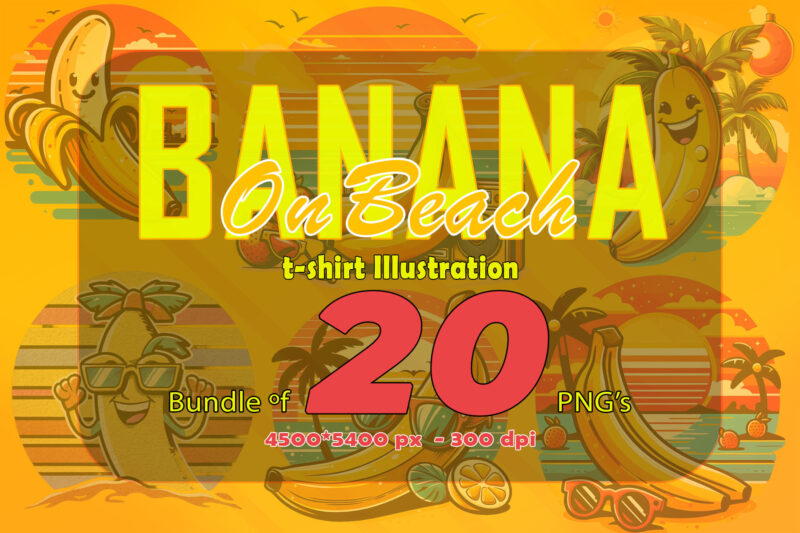 Banana on Beach t-shirt design bundle with 20 png designs – download instantly Summer T-shirt Design