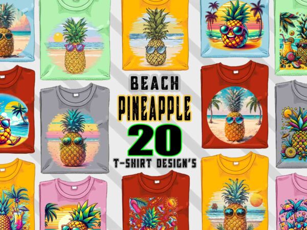 Pineapple on beach t-shirt design bundle with 20 png designs – download instantly summer t-shirt design illustration