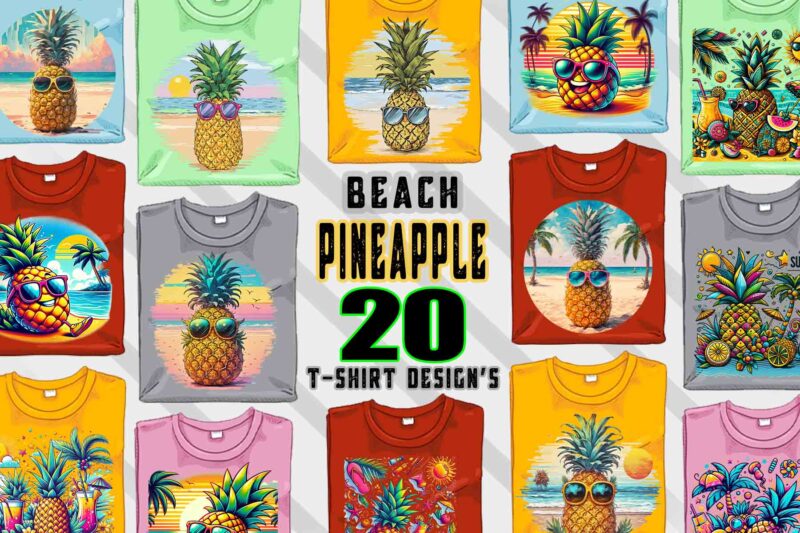 Pineapple on Beach t-shirt design bundle with 20 png designs – download instantly Summer T-shirt Design Illustration