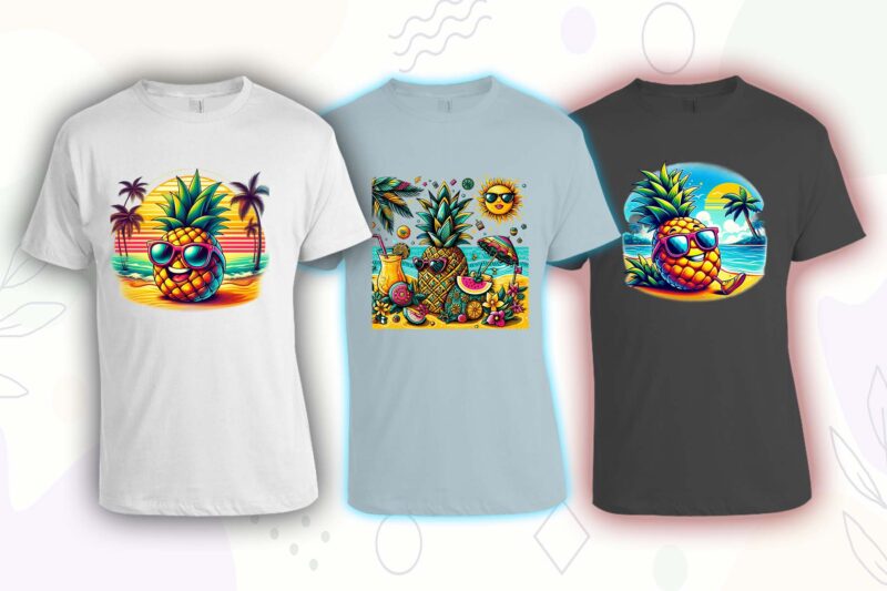 Pineapple on Beach t-shirt design bundle with 20 png designs – download instantly Summer T-shirt Design Illustration