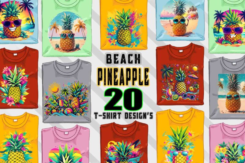 Pineapple on Beach t-shirt design bundle with 20 png designs – download instantly Summer T-shirt Design Illustration