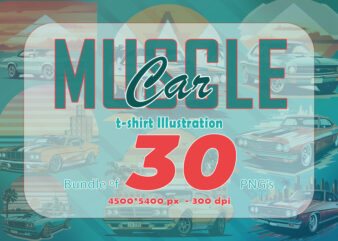 Trendy American Muscle Car t-shirt design bundle with 30 png designs – download instantly