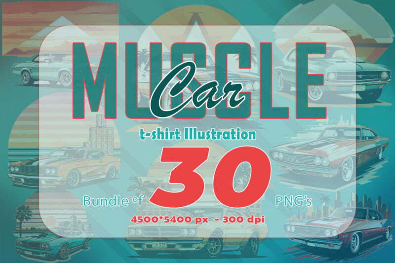 Trendy American Muscle Car t-shirt design bundle with 30 png designs – download instantly