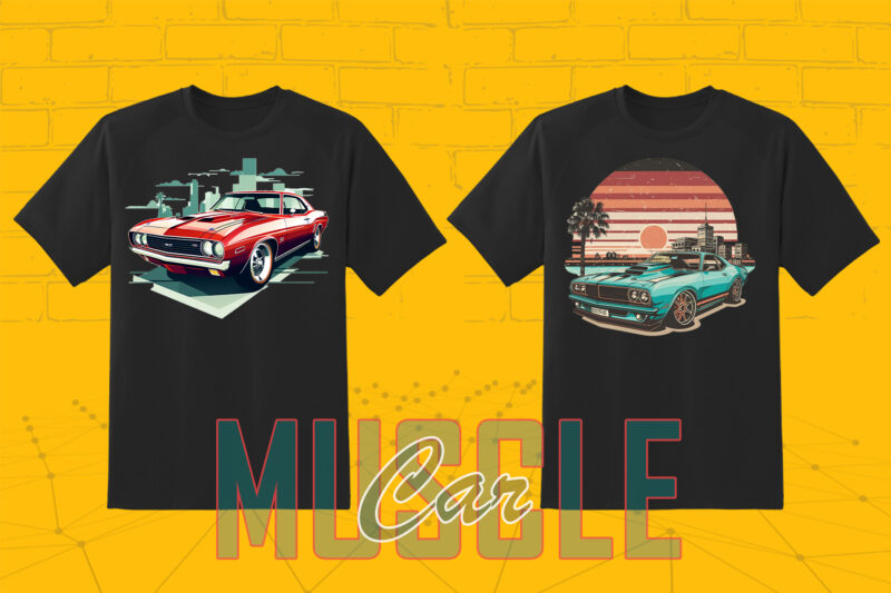 Trendy American Muscle Car t-shirt design bundle with 30 png designs – download instantly