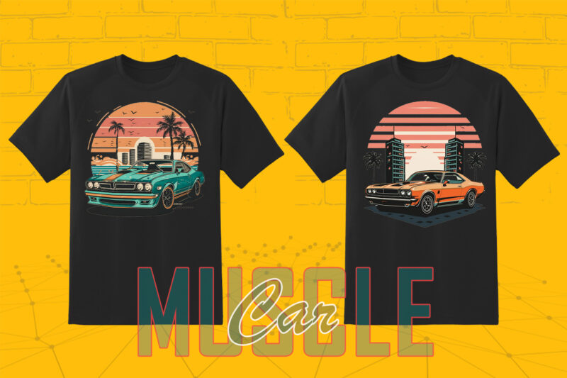 Trendy American Muscle Car t-shirt design bundle with 30 png designs – download instantly