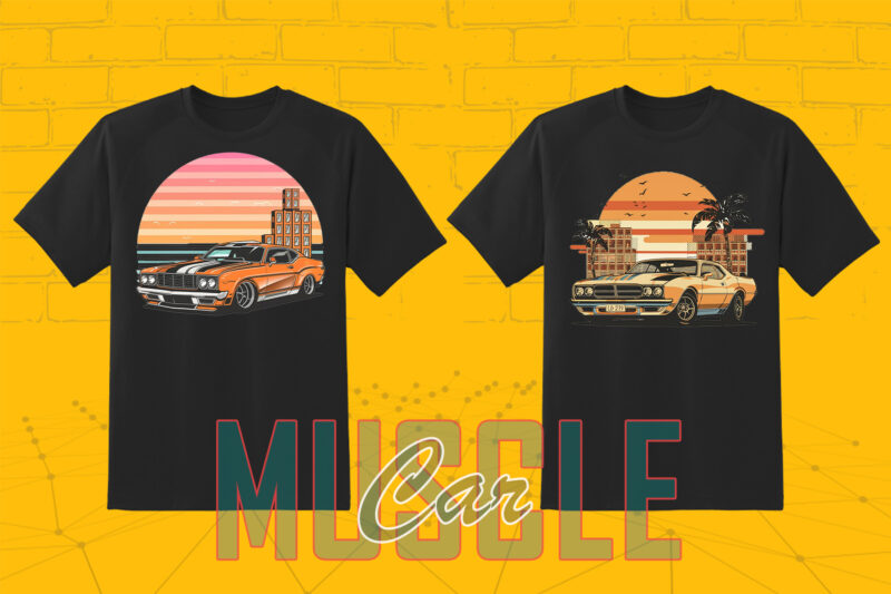 Trendy American Muscle Car t-shirt design bundle with 30 png designs – download instantly