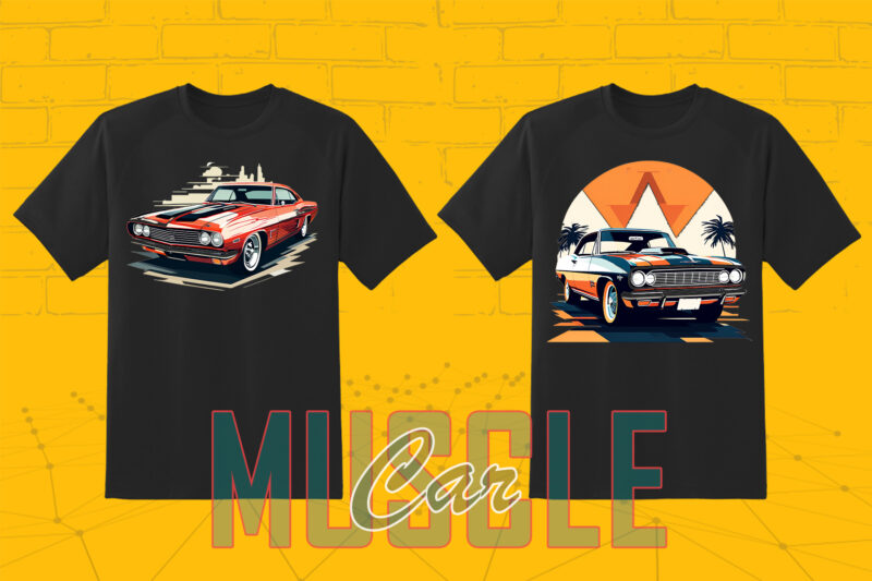 Trendy American Muscle Car t-shirt design bundle with 30 png designs – download instantly