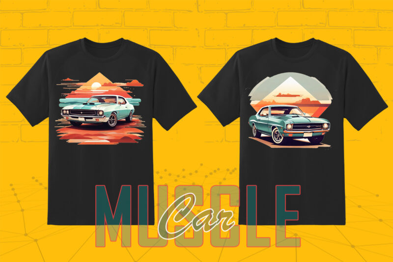 Trendy American Muscle Car t-shirt design bundle with 30 png designs – download instantly