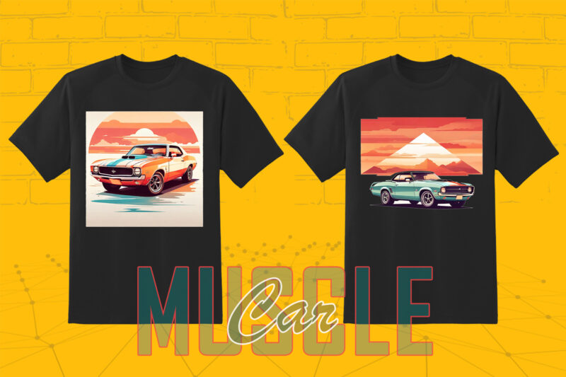 Trendy American Muscle Car t-shirt design bundle with 30 png designs – download instantly