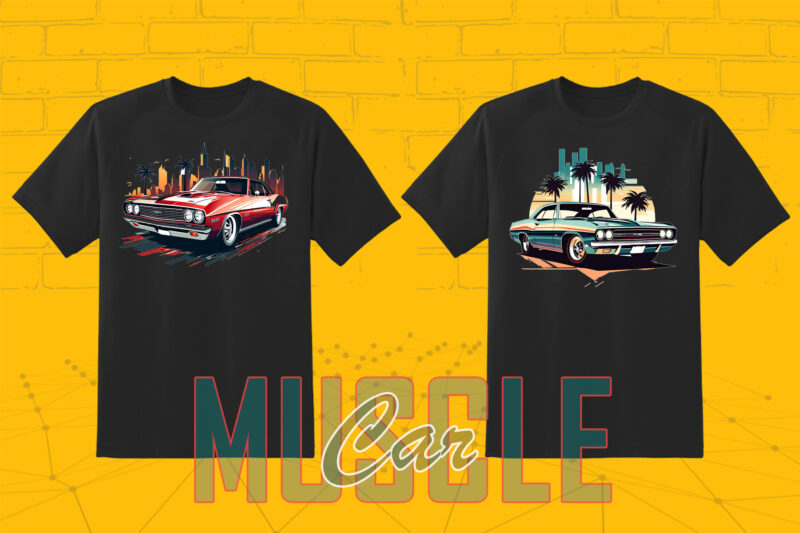 Trendy American Muscle Car t-shirt design bundle with 30 png designs – download instantly