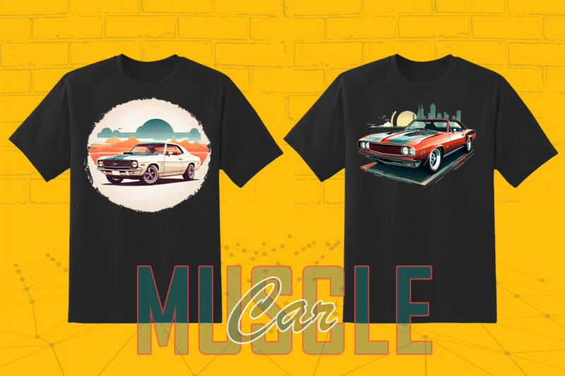 Trendy American Muscle Car t-shirt design bundle with 30 png designs – download instantly