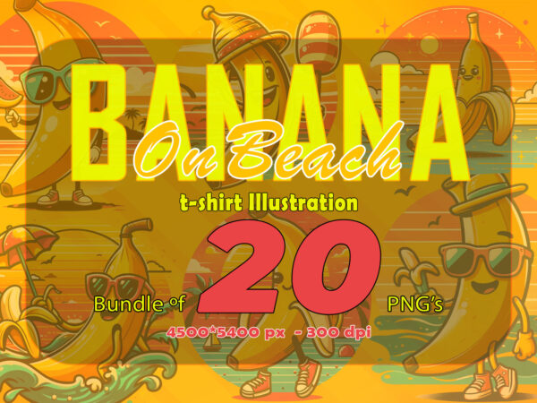 Banana on beach t-shirt design bundle with 20 png designs