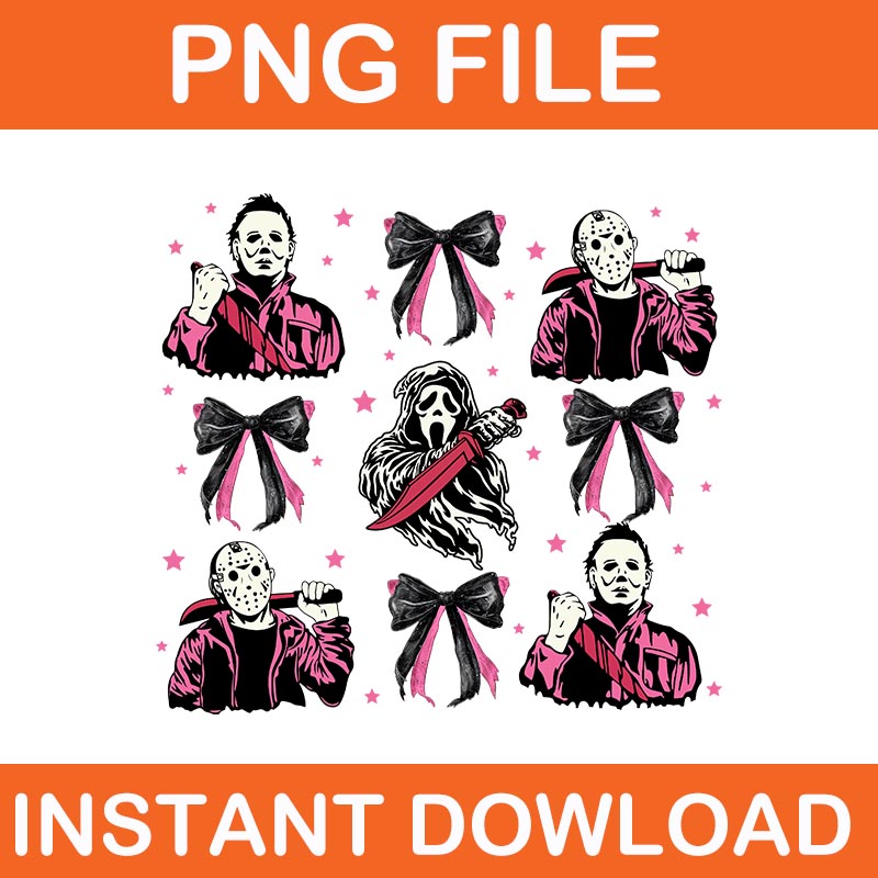 Bundle Coquette Bow Horror Movie Characters Halloween PNG, Pink Ghost Halloween PNG