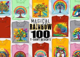 Magical Rainbow Tree t-shirt design mega bundle with 100 designs – download instantly Retro Vintage Illustration