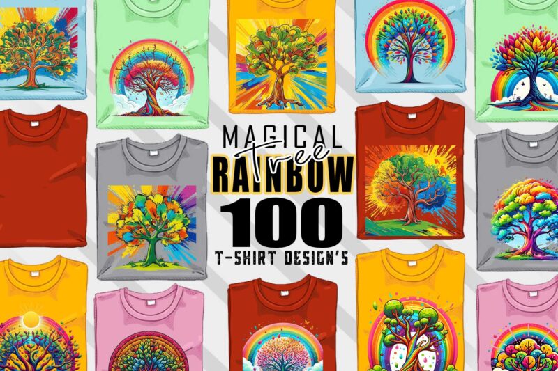 Magical Rainbow Tree t-shirt design mega bundle with 100 designs – download instantly Retro Vintage Illustration