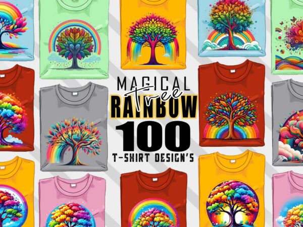 Magical rainbow tree t-shirt design mega bundle with 100 designs – download instantly retro vintage illustration