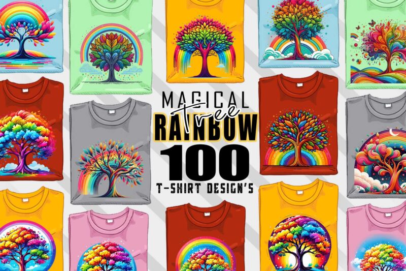 Magical Rainbow Tree t-shirt design mega bundle with 100 designs – download instantly Retro Vintage Illustration