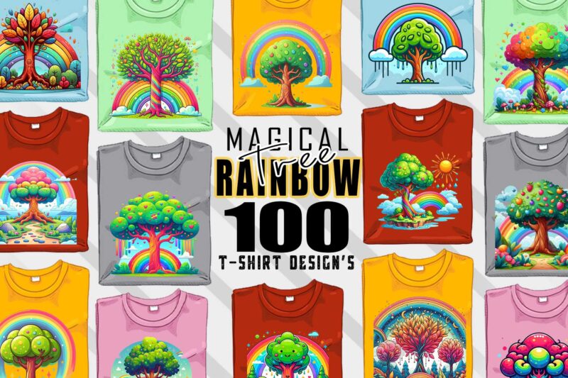 Rainbow Tree t-shirt design mega bundle with 100 designs – download instantly Retro Vintage Illustration