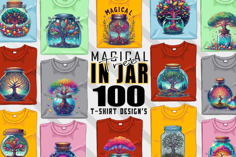 Watercolour Colourful Tree in a Jar t-shirt design bundle with 100 designs – download instantly T-Shirt Artwork