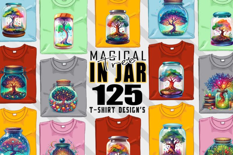 Colourful Magical Tree in a Jar t-shirt design bundle with 125 designs – download instantly Retro Vintage T-shirt Mega Bundle