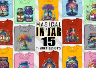 Colourful Magical Tree in a Jar t-shirt design bundle with 20 designs – download instantly Retro Vintage T-shirt Illustration Clipart Bundle